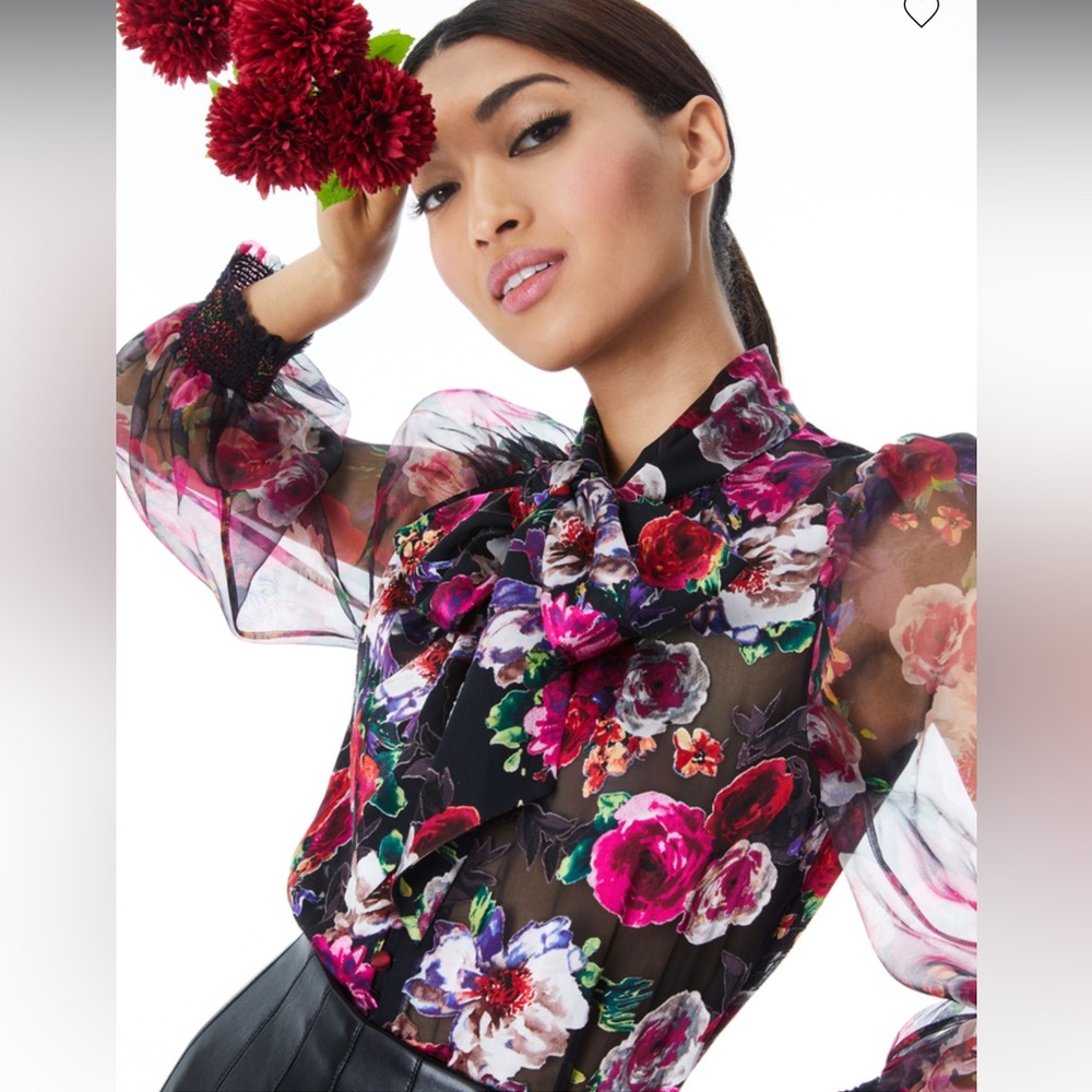 Alice & Olivia Brentley Floral Tie Neck Blouse NWOT